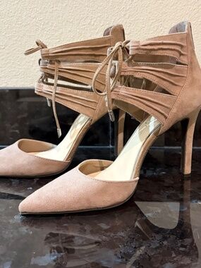 Jessica Simpson Suede Lace-Up Pointed Toe Heels | Nude Pumps